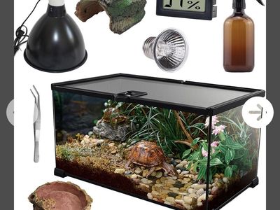 8 PCS Reptile Starter Kit: 10-Gallon Terrarium Tank, Lampshade, 25W Bulb, Decor, Hygrometer & Tools
