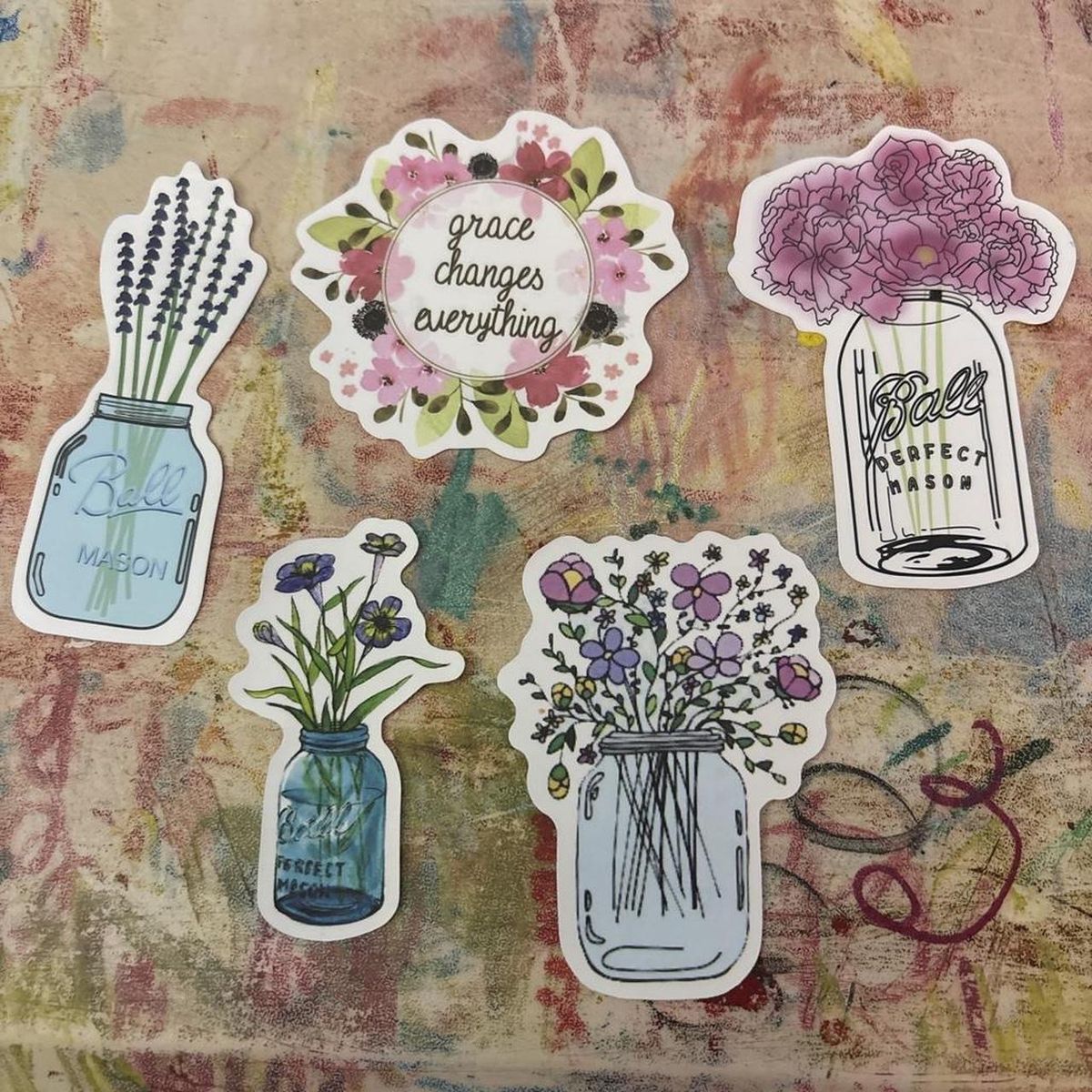 Grace Changes Everything Mason Jar Floral Stickers - 5-Piece Vinyl Sticker Set