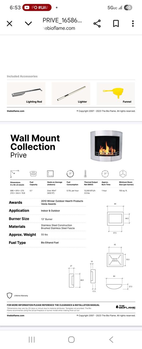 12,000 BTU wall mount ethanol Fireplace