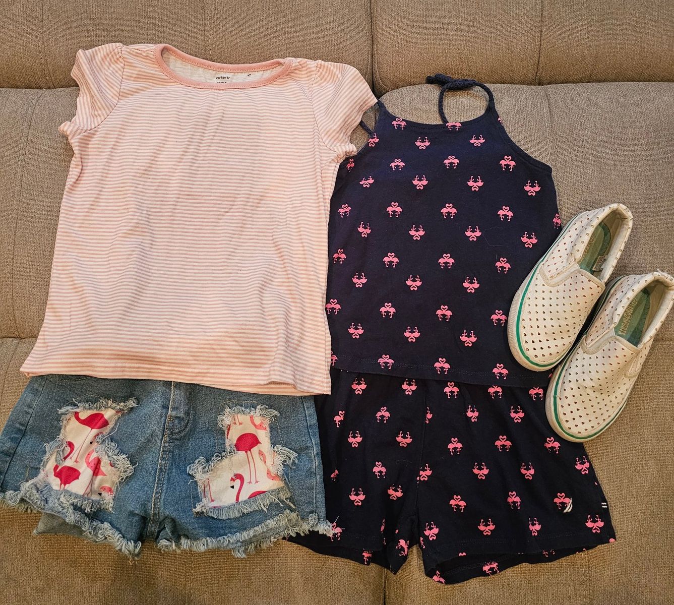 Nautica Girls Size 7 Navy Blue Pink Flamingo Print Romper Jumpsuit