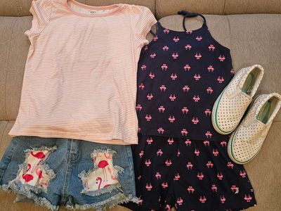 Nautica Girls Size 7 Navy Blue Pink Flamingo Print Romper Jumpsuit