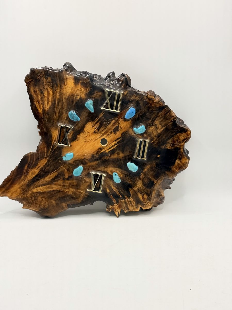 Vintage Live Edge Burl Wood Wall Clock Face with Turquoise Inlays & Brass Roman Numerals