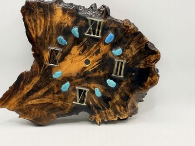 Vintage Live Edge Burl Wood Wall Clock Face with Turquoise Inlays & Brass Roman Numerals