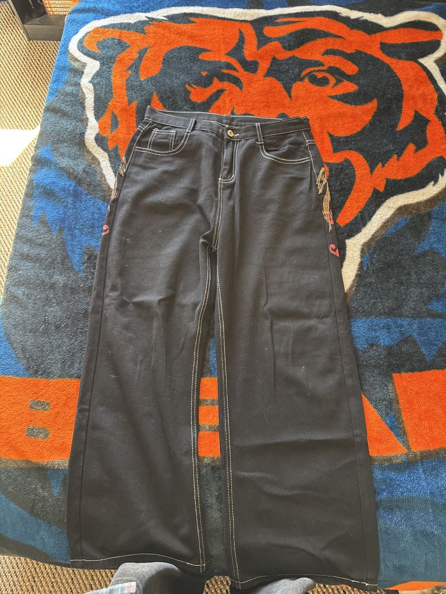 J. Meid Y2K Black Denim Jeans with Embroidered Wings and Contrast Stitching - Size L
