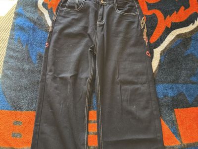 J. Meid Y2K Black Denim Jeans with Embroidered Wings and Contrast Stitching - Size L