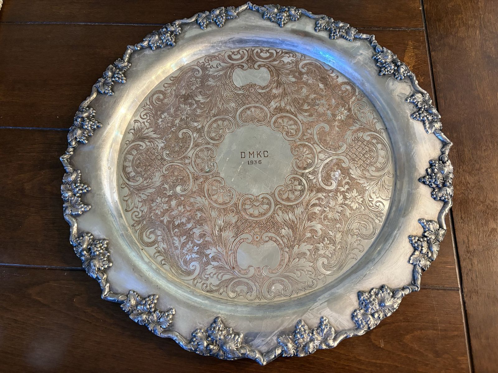 Ornate Vintage Crescent Silver on Copper Tray Engraved
