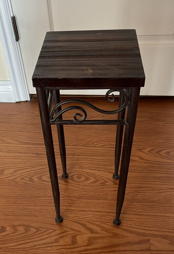 Dark Brown Metal Leg Wood Top Plant Stand.
