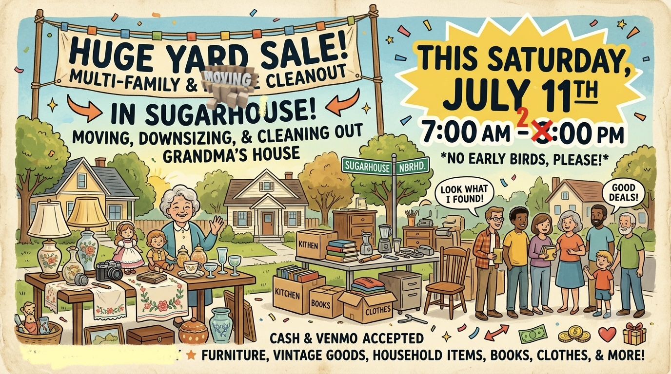 Multi family / moving Yard Sale in Sugarhouse 7/11