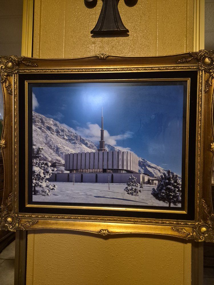Framed Vintage Provo Utah Temple Winter Photography - 25" x 21" Large Gold Frame