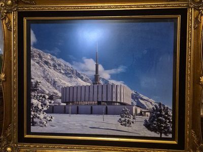 Framed Vintage Provo Utah Temple Winter Photography - 25" x 21" Large Gold Frame
