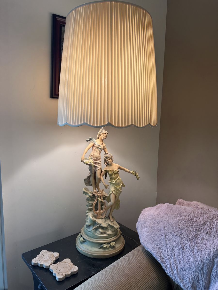 Vintage Capodimonte Style Figural Table Lamp with Pleated Shade - Roman/Greek Goddesses