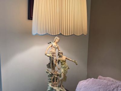 Vintage Capodimonte Style Figural Table Lamp with Pleated Shade - Roman/Greek Goddesses