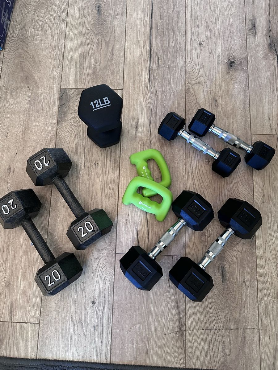 Mixed Dumbbell Set: (2) 20lb, (2) 5lb, (2) 10lb, (1) 12lb, and (2) 3lb Hand Weights - Hex & Neoprene - New!