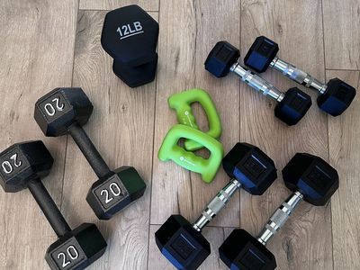 Mixed Dumbbell Set: (2) 20lb, (2) 5lb, (2) 10lb, (1) 12lb, and (2) 3lb Hand Weights - Hex & Neoprene - New!