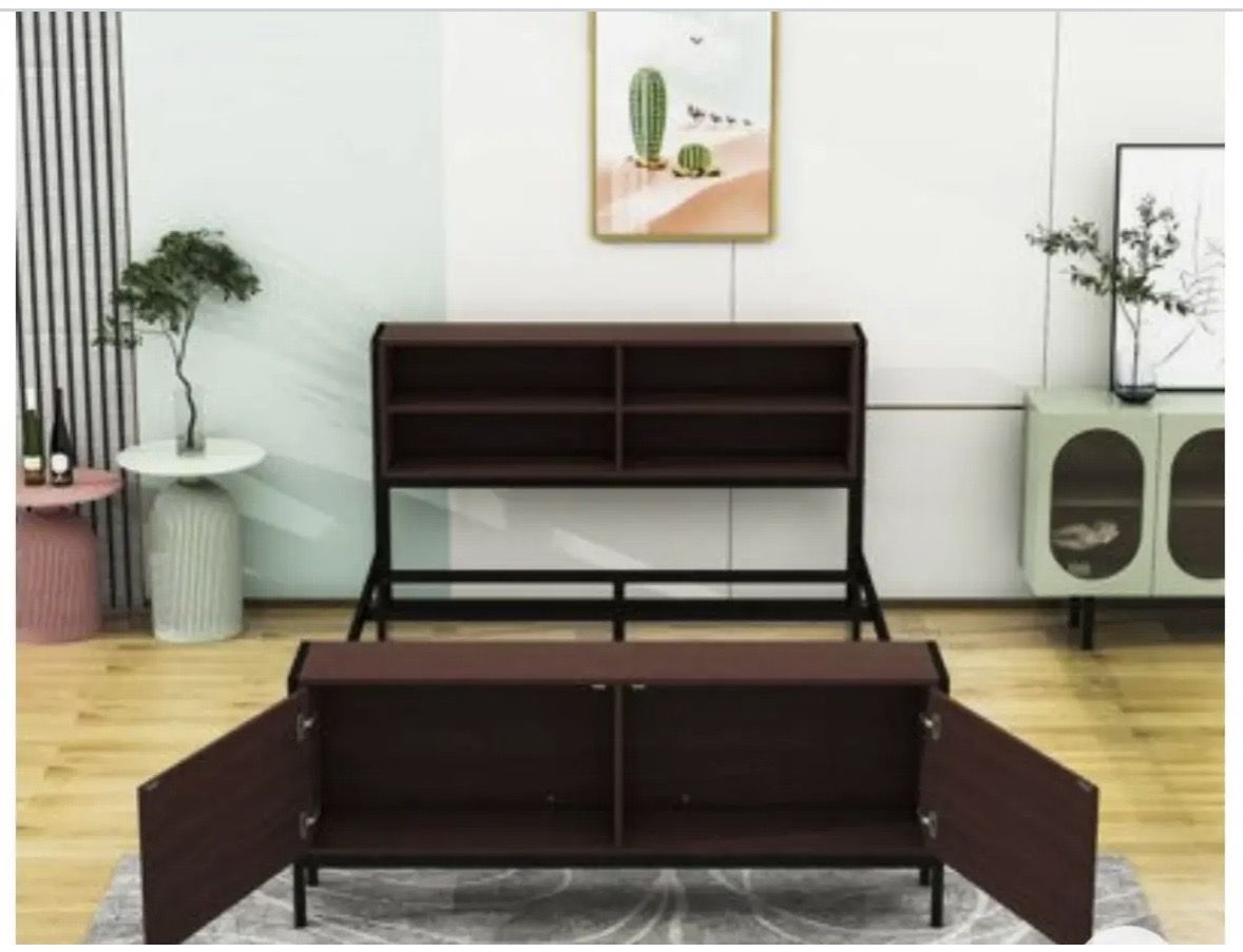 Dark Wood Storage Bed Frame with Headboard Shelving and Footboard Cabinet