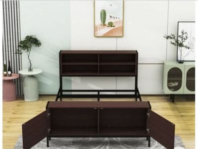 Dark Wood Storage Bed Frame with Headboard Shelving and Footboard Cabinet