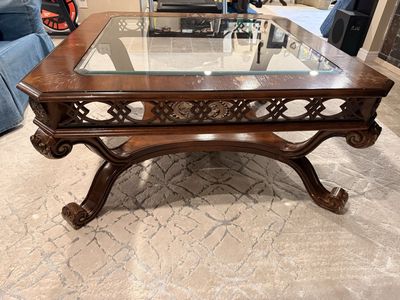 Ornate Carved Wood & Glass Square Coffee Table - Decorative Accent Furniture