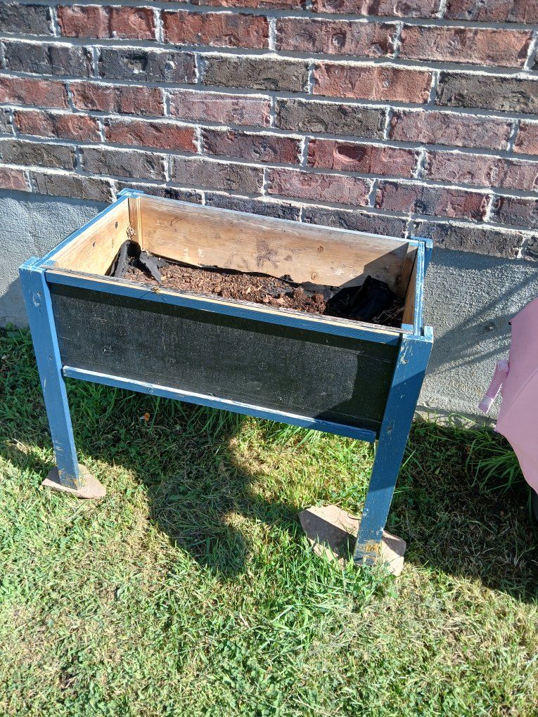 Used Wooden Planter Box - Blue/Black with Liner - Ready for Your Garden