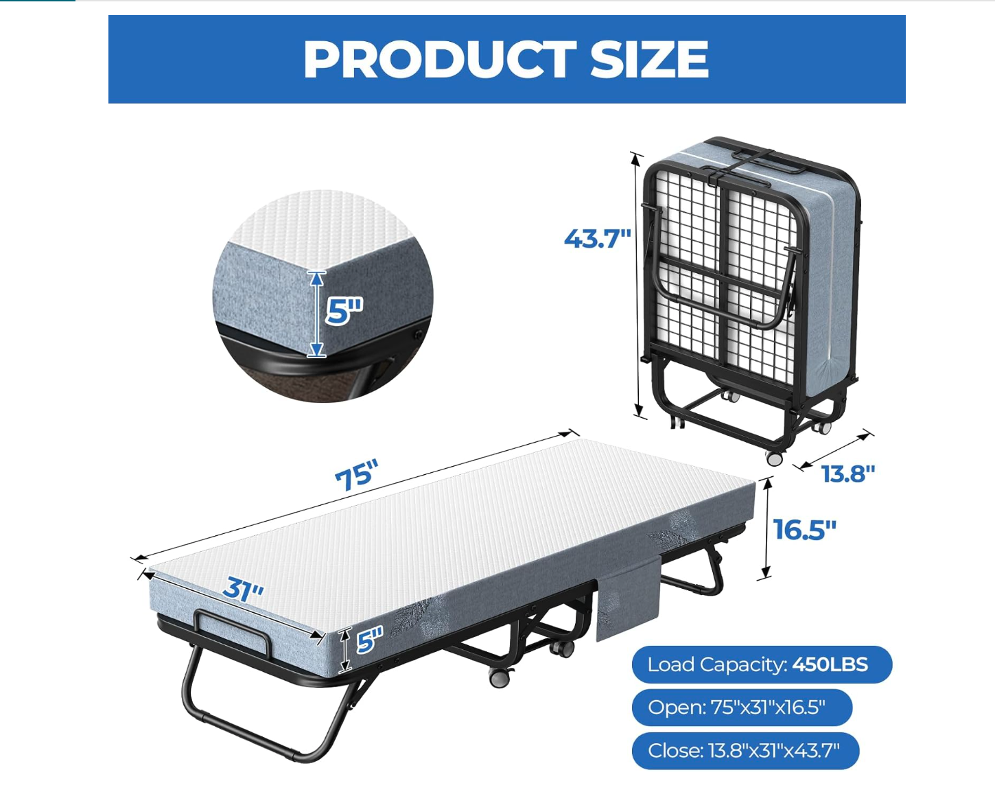 New in Box 75" x 31" Folding Bed with Mattress, Portable Guest Beds with 5" Memory Foam Mattress,