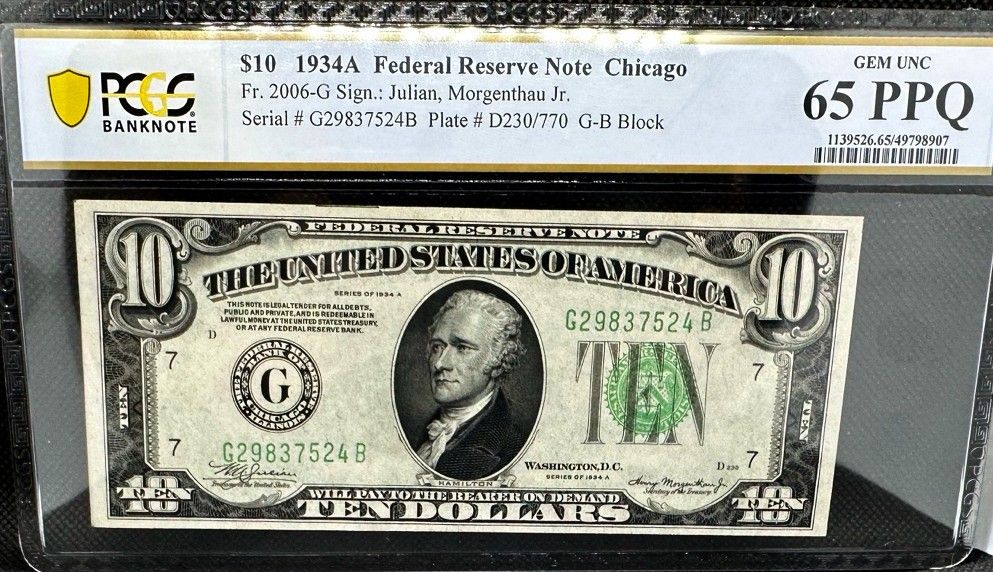 1934 $10 Bill - Certified Gem Uncirculated - Great Depression Era