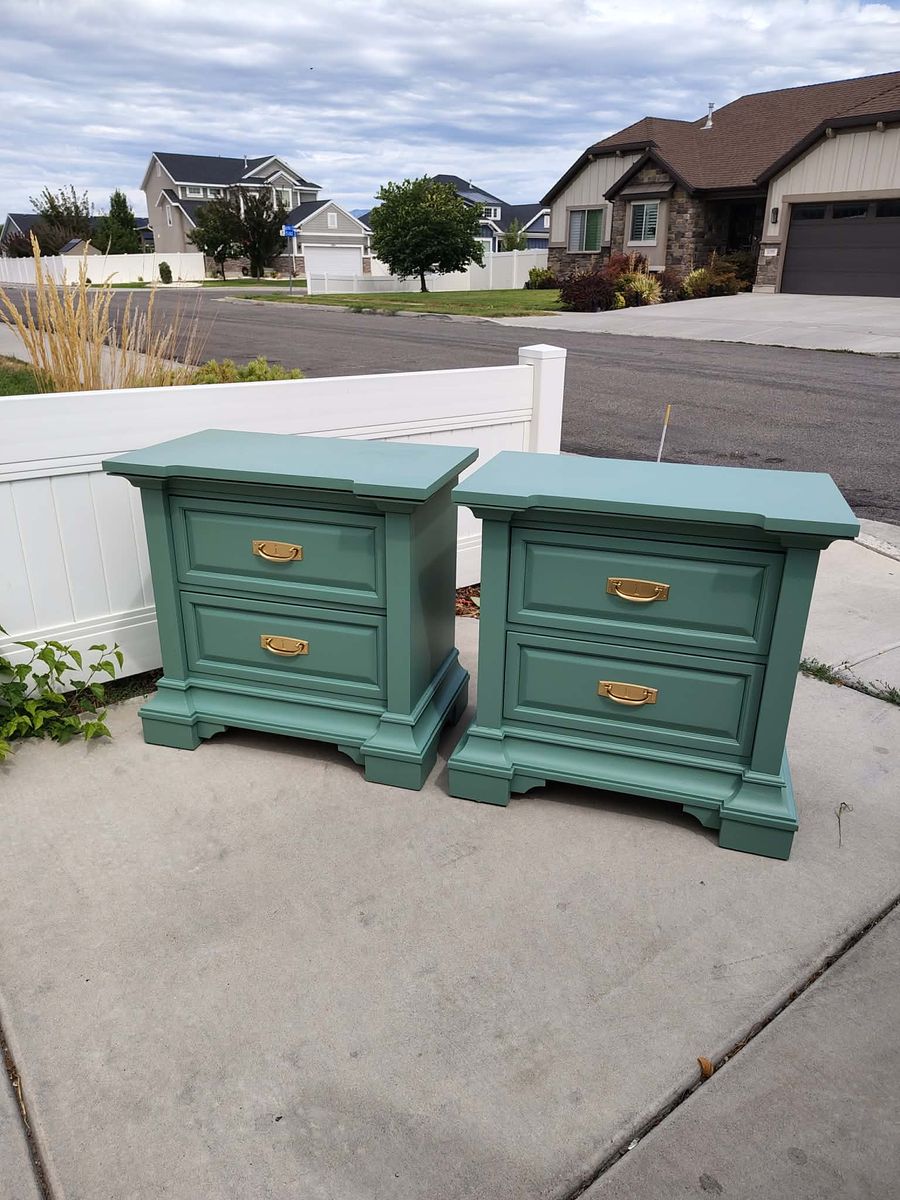 Pair of Painted Green Nightstands with 2 Drawers and Gold Hardware