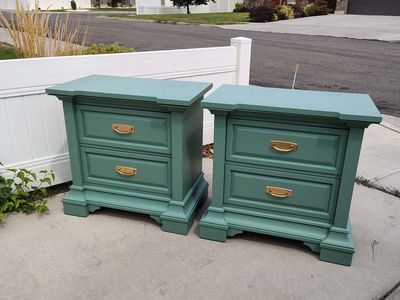 Pair of Painted Green Nightstands with 2 Drawers and Gold Hardware