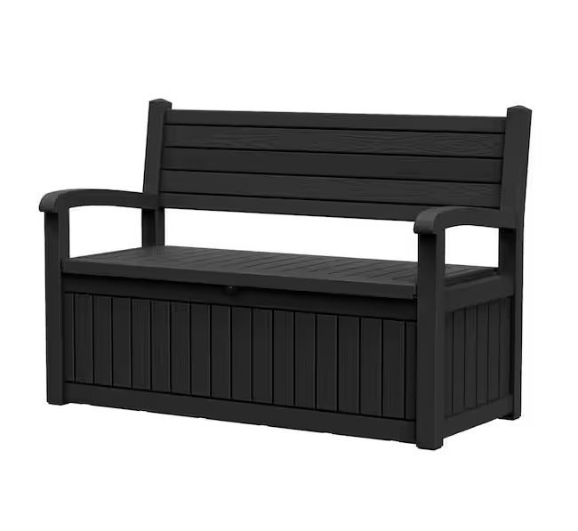 NEW! Keter Storage Bench w/Armrest 70 Gallon, Black Resin (minor crack in the seat)