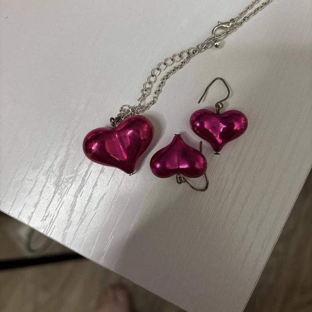 Pink Heart Necklace & Earrings Set - Silver Chain, Dangle Heart Earrings