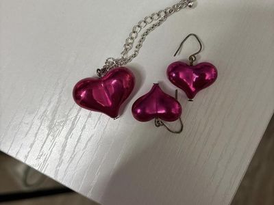 Pink Heart Necklace & Earrings Set - Silver Chain, Dangle Heart Earrings