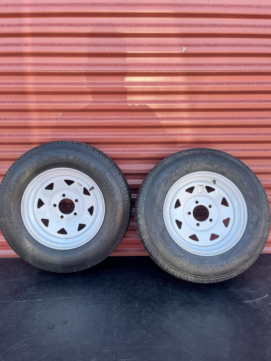 Set of 2 Free Country ST 205/75 D 14 Trailer Tires Mounted on White Spoke Wheels 5 in 4.5 Brand New