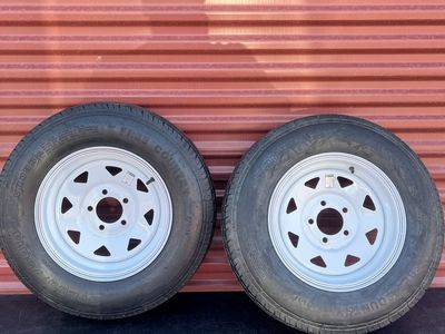Set of 2 Free Country ST 205/75 D 14 Trailer Tires Mounted on White Spoke Wheels 5 in 4.5 Brand New