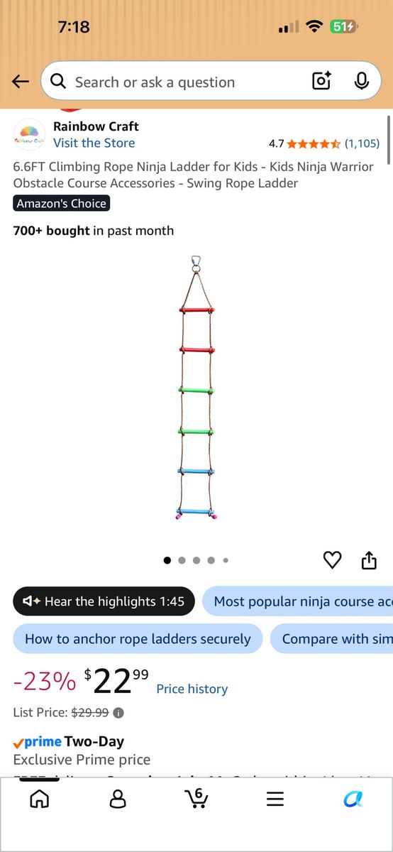 Rainbow Craft 6.6FT Kids Ninja Warrior Obstacle Course Swing Rope Ladder
