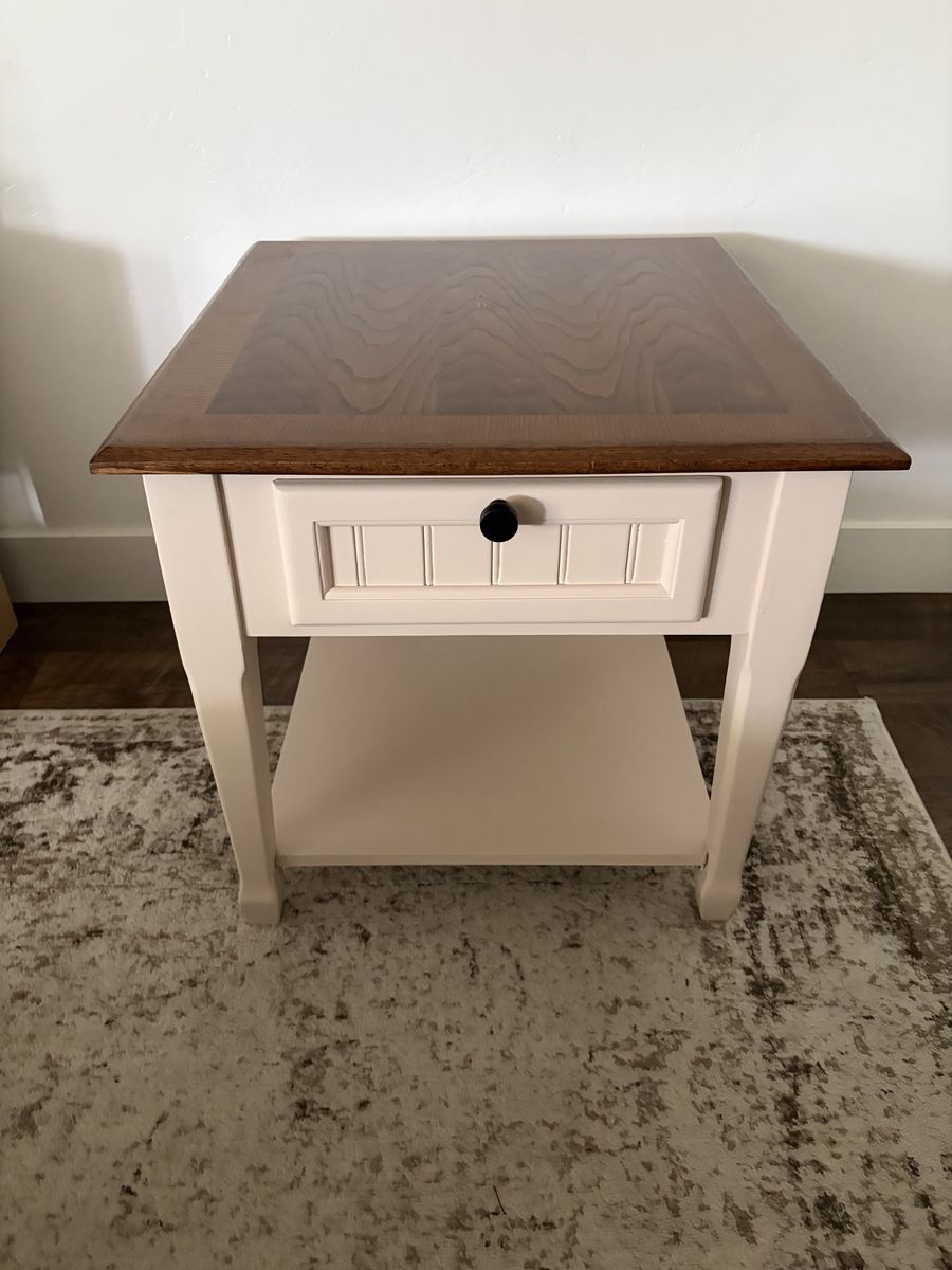 Solid Wood End Table / Nightstand - Neutral Painted Finish, Drawer & Shelf Storage, Modern Style