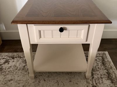 Solid Wood End Table / Nightstand - Neutral Painted Finish, Drawer & Shelf Storage, Modern Style
