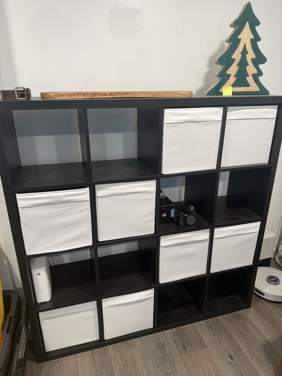 IKEA KALLAX 4x4 Black Shelf Unit w/ White Drona Organizers -