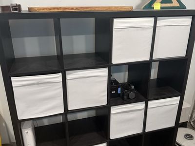 IKEA KALLAX 4x4 Black Shelf Unit w/ White Drona Organizers -