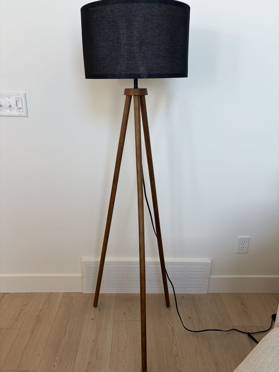 Tall Tripod Floor Lamp, Walnut With Black Shade