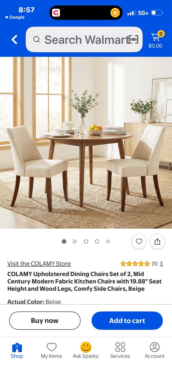 COLAMY Upholstered Dining Chairs Set of 2, Beige Mid Century Modern