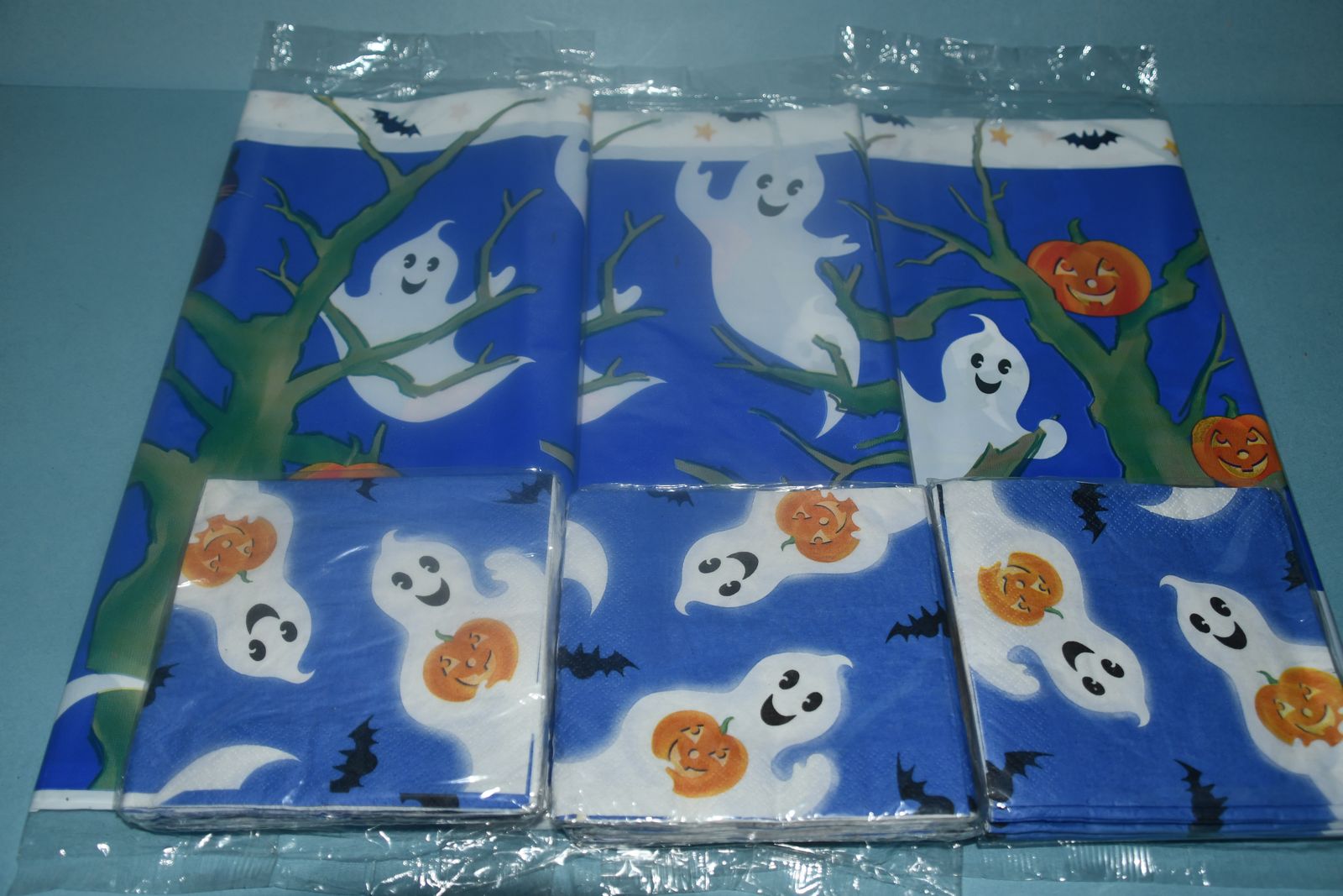 NEW ~ 3 HALLOWEEN "GHOST" TABLECLOTHS + 3 MATCHING PACKAGES of NAPKINS ~ ALL FOR $5