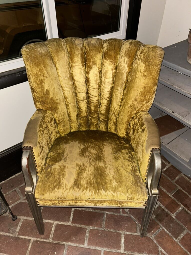 MCM Mustard Yellow Velvet Chair With Silver Wood