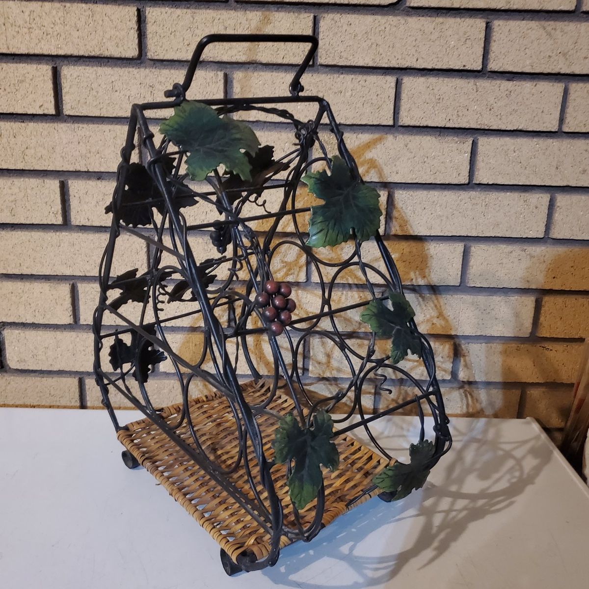 Wrought Iron and Wicker Grapevine Wine Rack Holder
