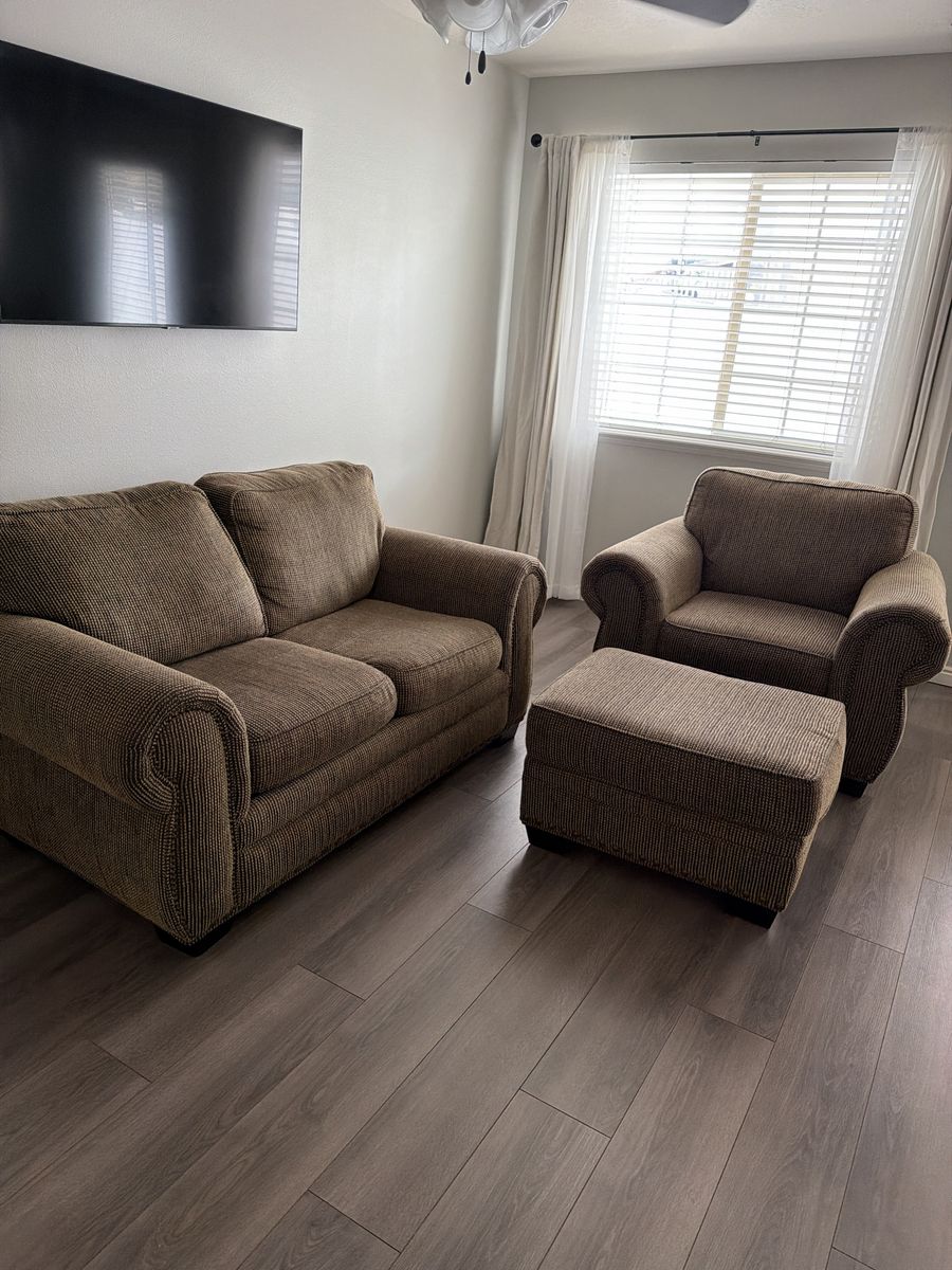 Comfortable Brown Loveseat, Armchair, and Ottoman Set - Good Condition
