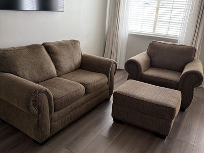 Comfortable Brown Loveseat, Armchair, and Ottoman Set - Good Condition