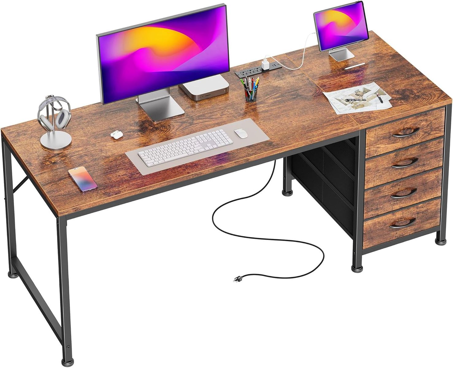 55.1 Inch Computer Office Desk - Power Outlets and USB-C Port - 4 Fabric Drawers - Rustic Brown