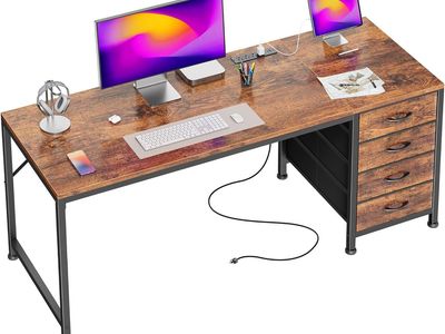 55.1 Inch Computer Office Desk - Power Outlets and USB-C Port - 4 Fabric Drawers - Rustic Brown