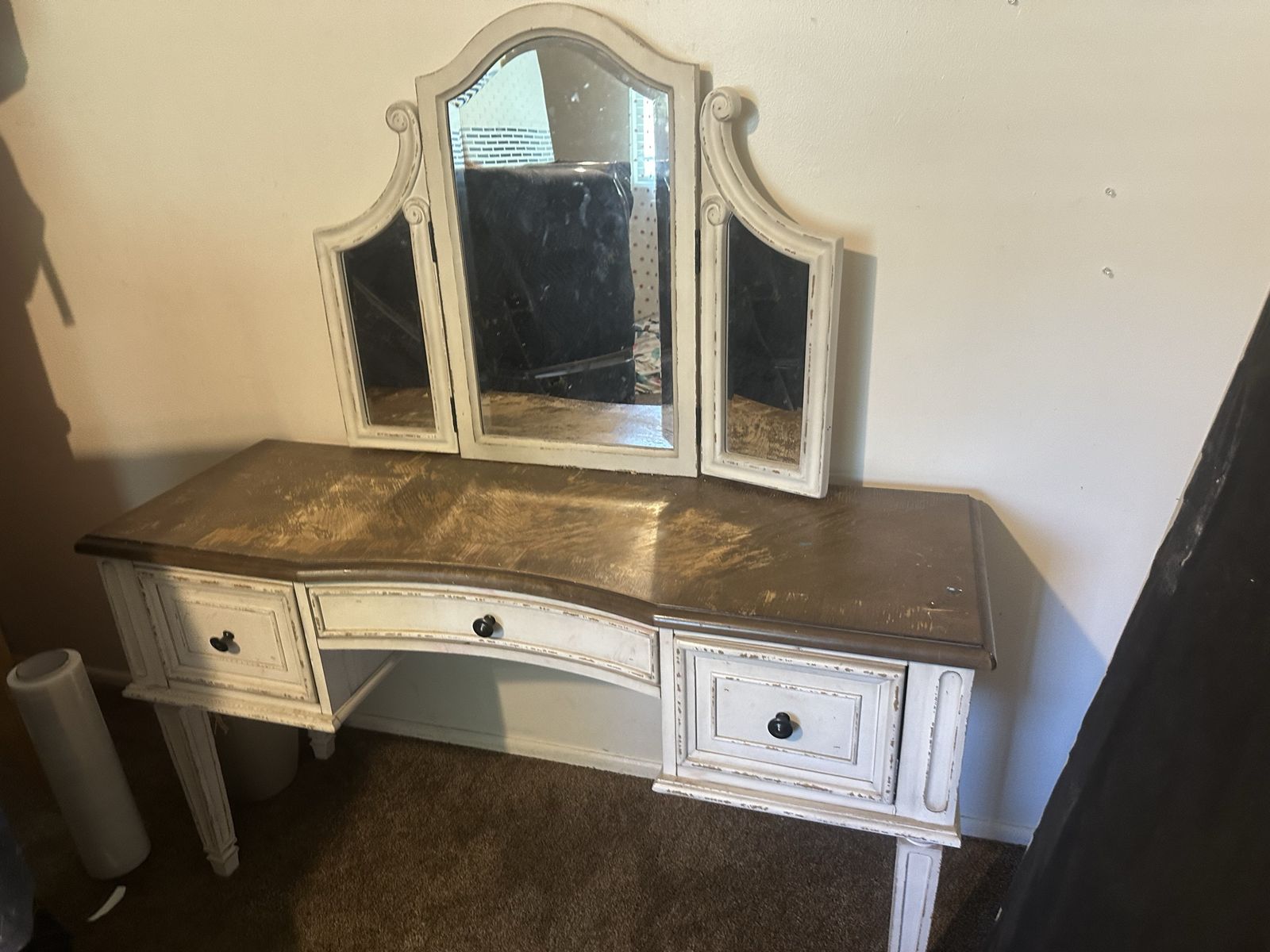Shabby Chic White Vanity Desk with Tri-Fold Mirror - Distressed Wood Top