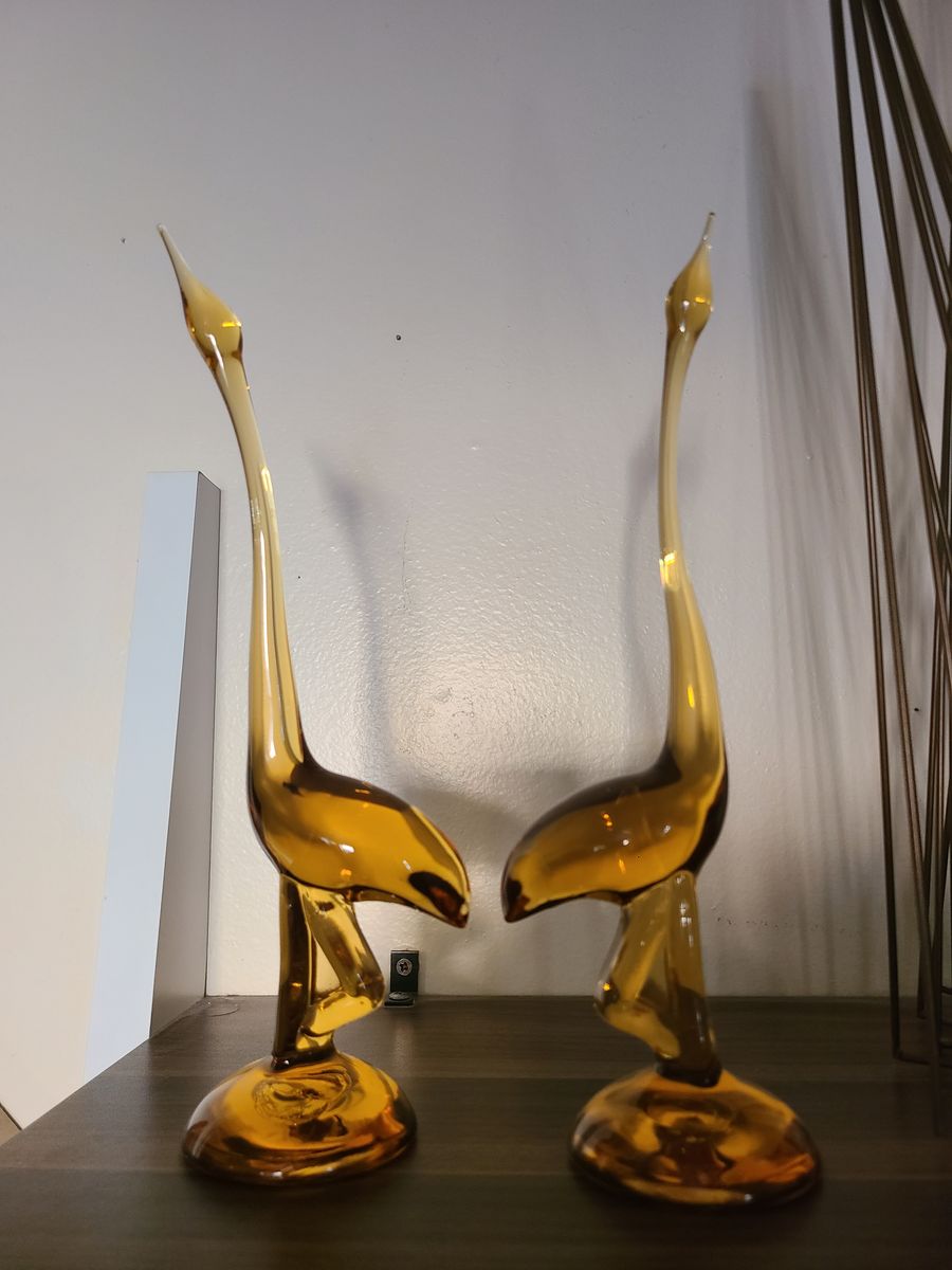 Viking Glass Amber Egret Bird Pair