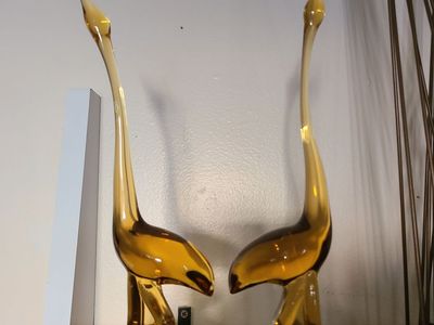 Viking Glass Amber Egret Bird Pair