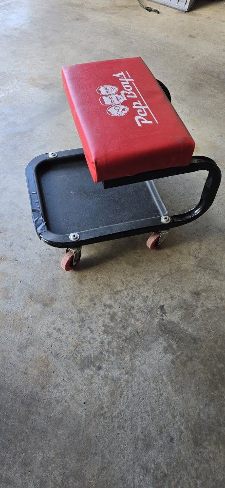 Pep Boys Rolling Mechanic's Creeper Seat - Red Padded Adjustable Stool with Tool Tray