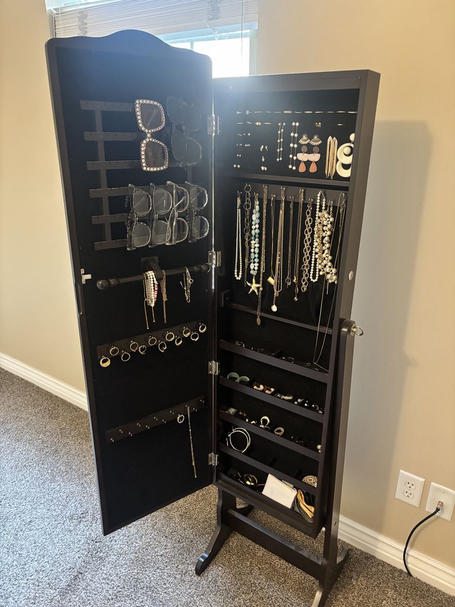 Full-Length Mirror Jewelry Armoire Organizer - Freestanding Wooden Storage Cabinet
